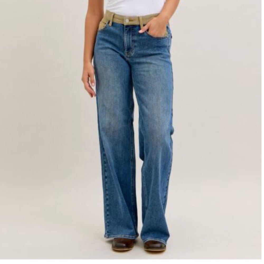 #148 Judy Blue Denim and Contrast Corduroy Flare Jeans